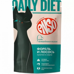 ENSO DAILY DIET Корм влаж. полнор. д/кошек приверед., кусочки в соусе с форелью и лососем, пауч 85г